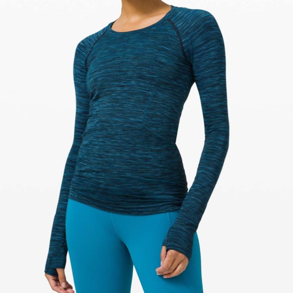 Lululemon Swiftly Tech Long Sleeve in Blue Prism Stripe Turquoise Tide
